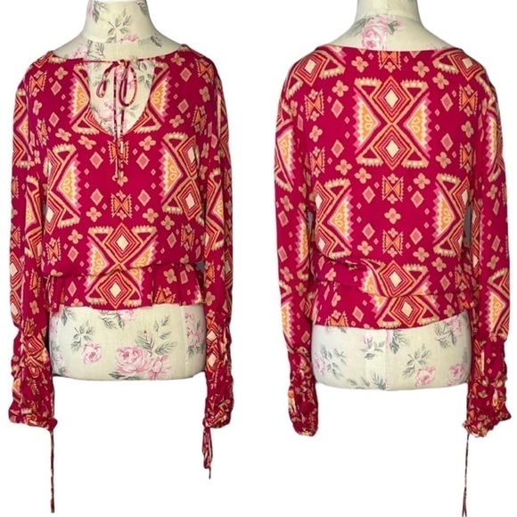 Tory Burch Geometric Silk Long Sleeve Blouse, Pink & Orange, Size 4 - Picture 1 of 16